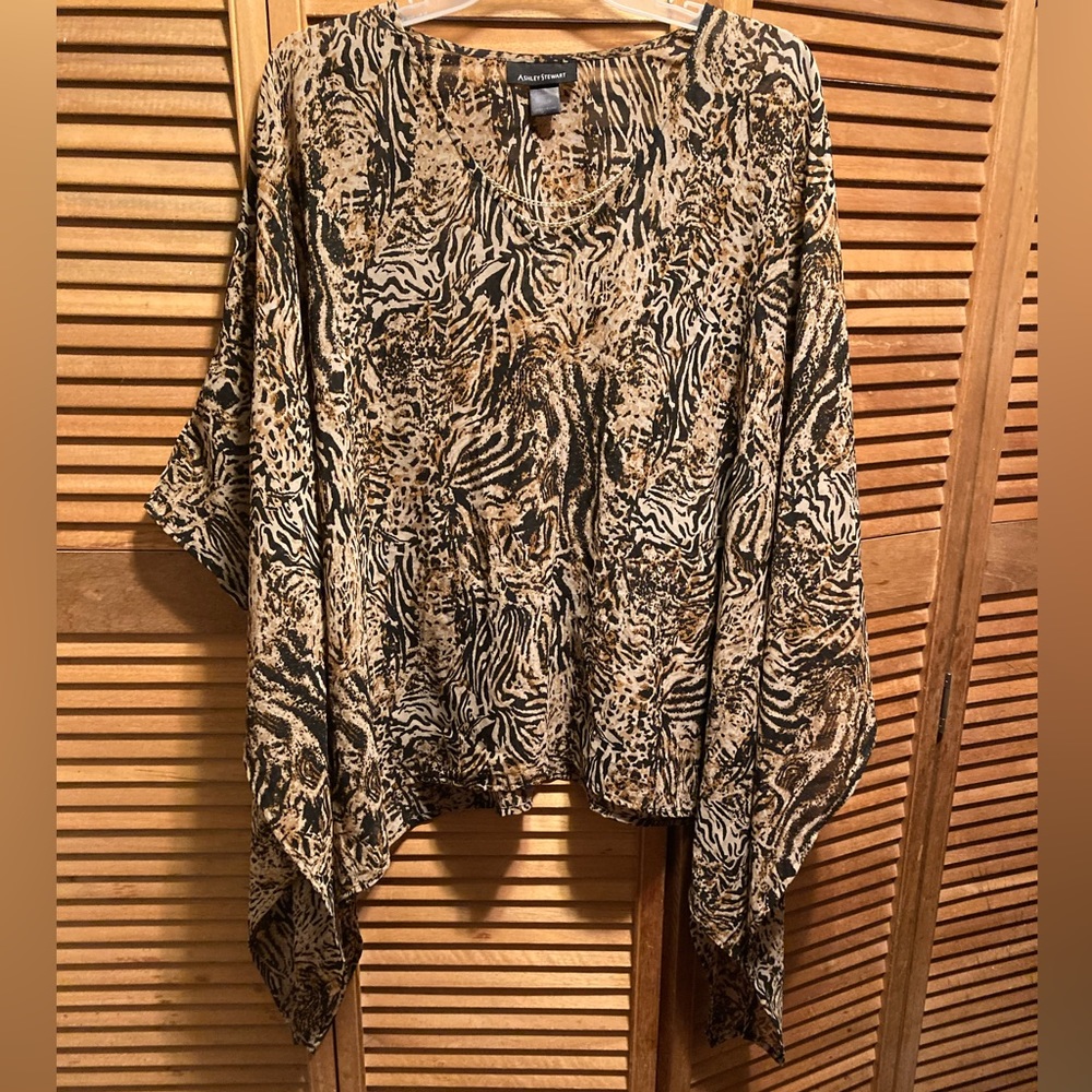 Ashley Stewart Animal Print Crepe Poncho Top with Attached Necklace